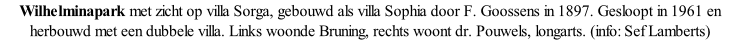 Wilhelminapark met zicht op villa Sorga, gebouwd als villa Sophia door F. Goossens in 1897. Gesloopt in 1961 en herbouwd met een dubbele villa. Links woonde Bruning, rechts woont dr. Pouwels, longarts. (info: Sef Lamberts)
